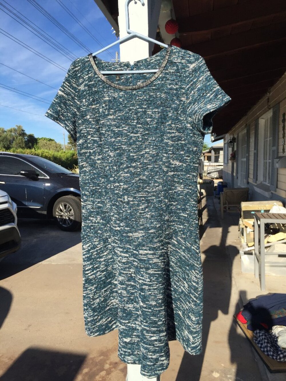 Talbots Teal Blue Tweed A-Line Dress Faux Leather Trim Short Sleeve - Size 16